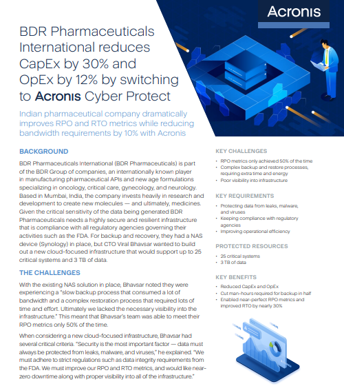  BDR Pharmaceuticals International reduces CapEx by 30% and OpEx by 12% by switching to Acronis Cyber Protect