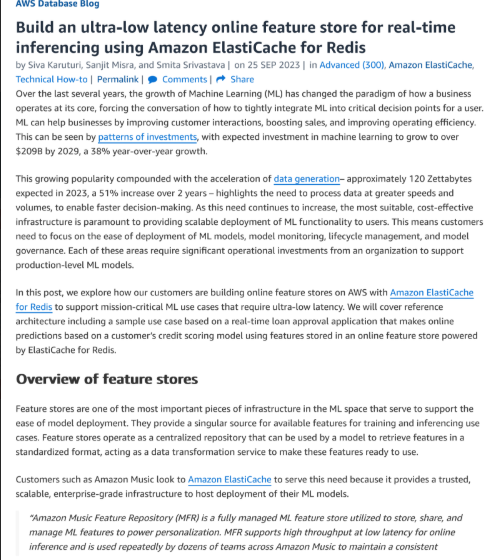  Build an Ultra-Low Latency Online Feature Store for Real-Time Inferencing Using Amazon