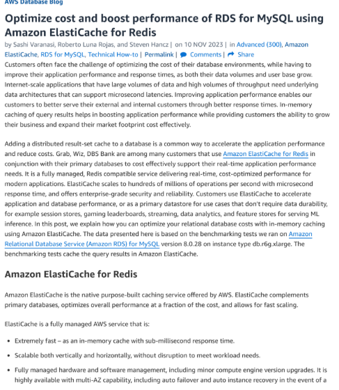  Optimize Cost and Boost Performance of RDS for Mysql Using Amazon Elasticache for Redis