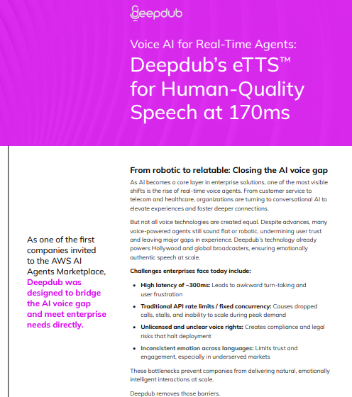  Voice AI for Real-Time Agents: Deepdubs eTTSTM for Human-Quality Speech at 170ms