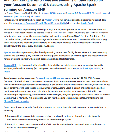 Run complex queries on massive amounts of data stored on your Amazon DocumentDB 