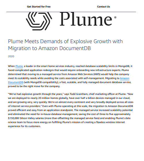  Plume Meets Demands of Explosive Growth with Migration to Amazon DocumentDB