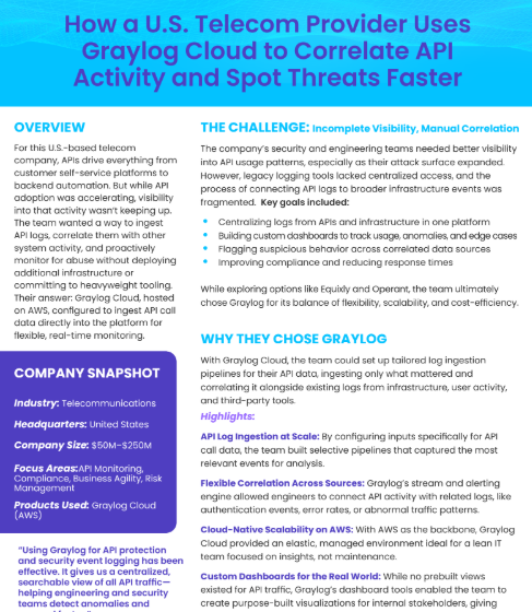  How a U.S. Telecom Provider Uses Graylog Cloud to Correlate API Activity and Spot Threats Faster 2