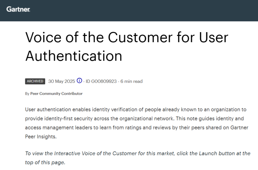  Gartner Voice of the Customer for User Authentication